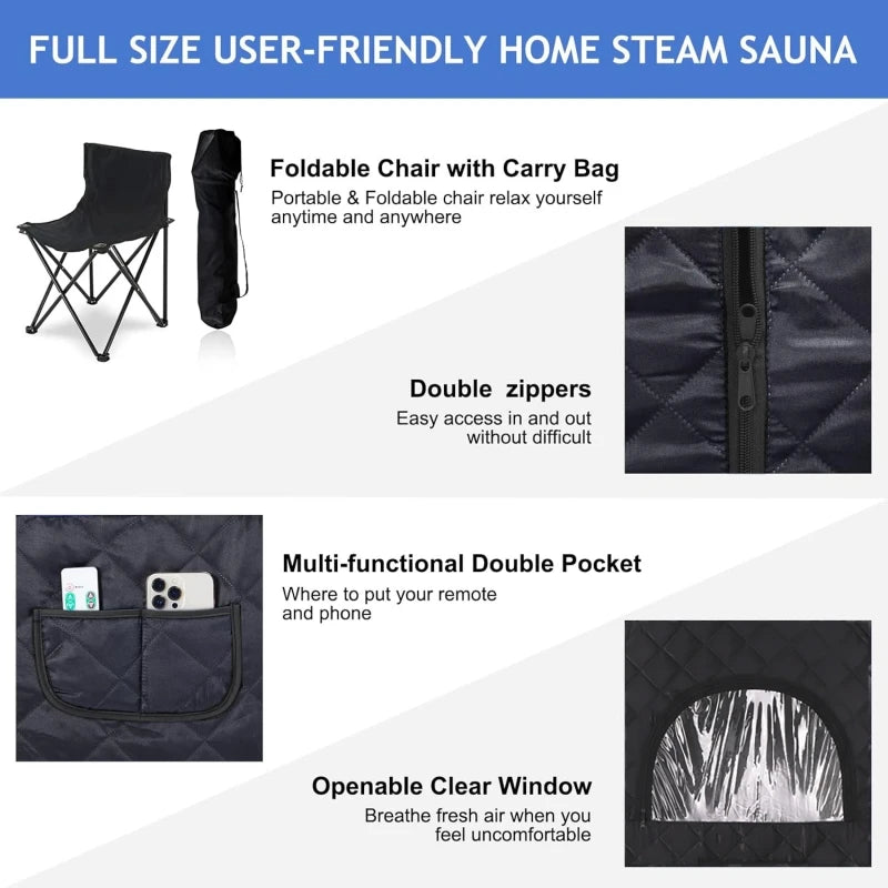 Large Size Sauna Portable Steam Sauna Personal Home Spa with 4L Large Steam Generator 16 Levels Remote Control and Chair