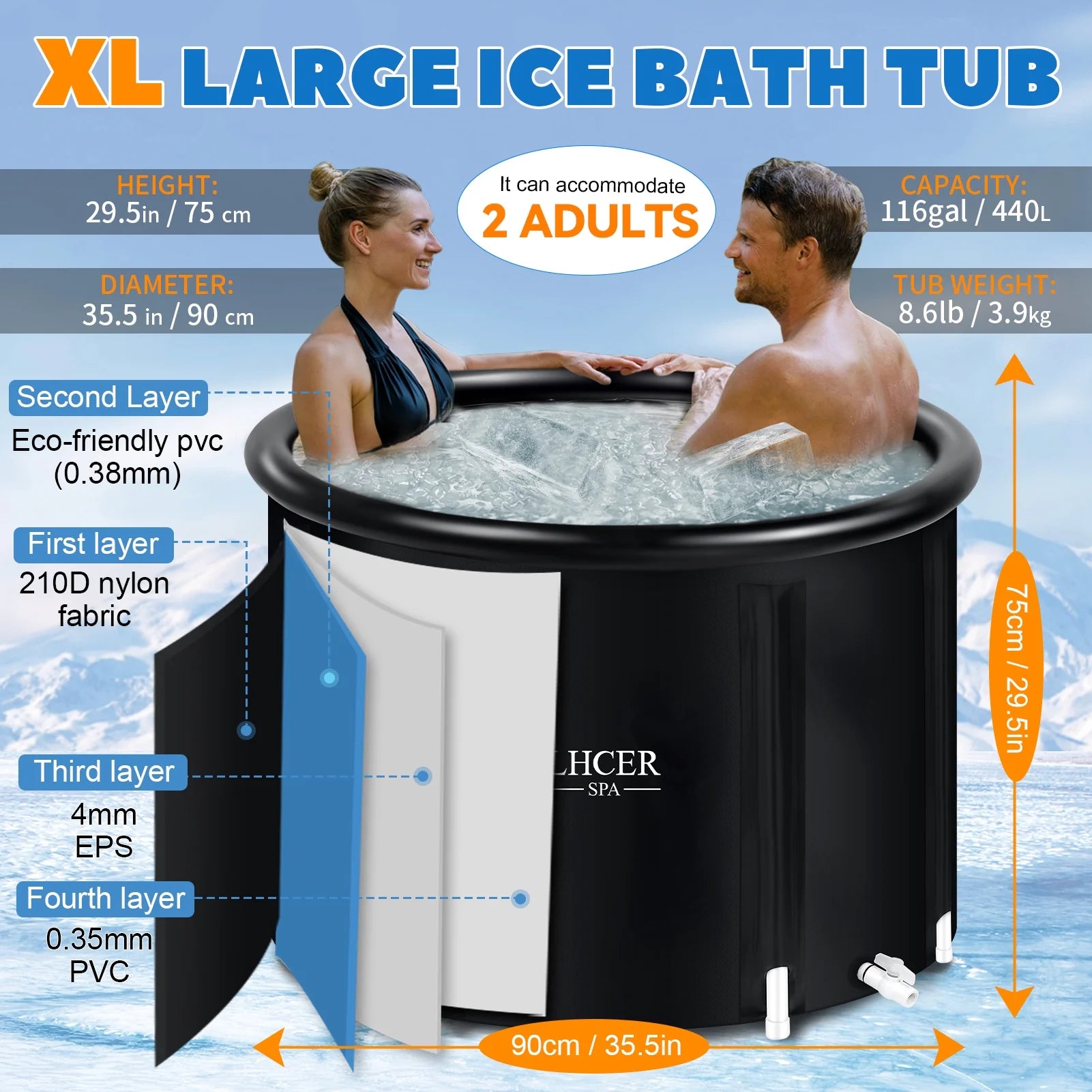 Ice Bath Tub for Cold Water Therapy 116 Gallon Portable Bathtub for Adults, Inflatable Soaking Tub for Hot Ice Bath, XL Cold Plunge Pool with Cover